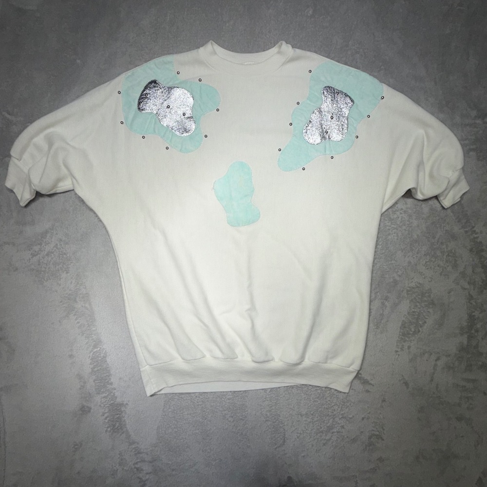 Vintage 80s Batwing Sweatshirt White Teal Silver Metallic Studded Oversized OS